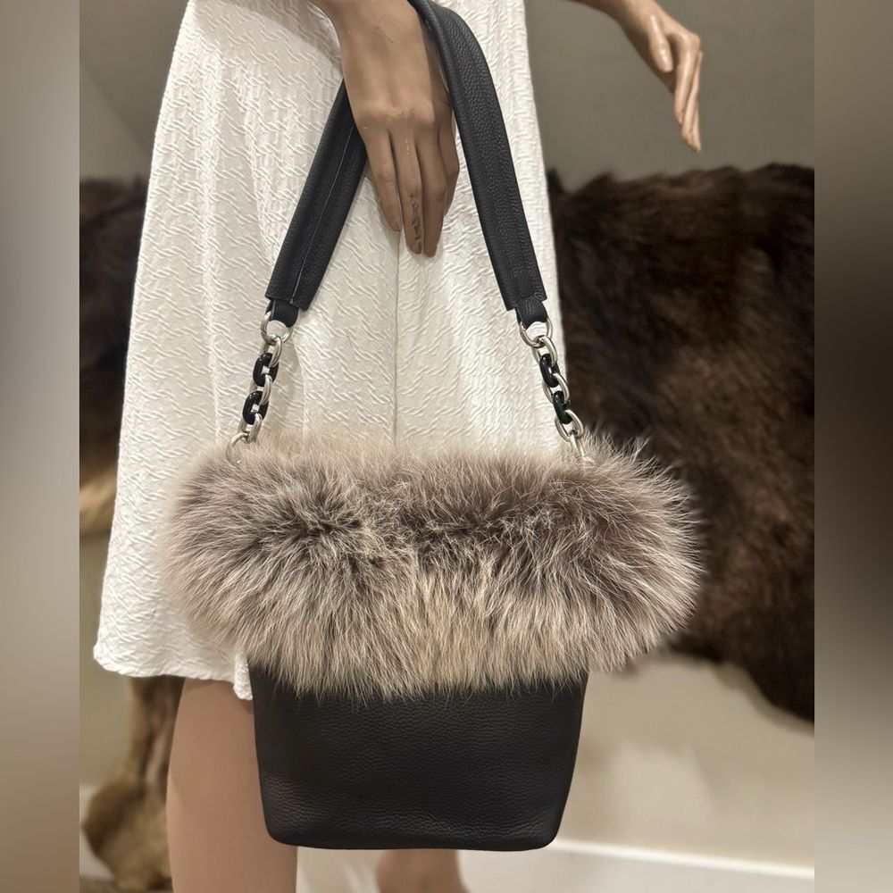 Black Premium Fox Fur Trimmed with Togo Cowhide Handmade Tote Bag/Crossbody